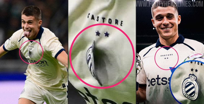 Castore macht’s schon wieder: Das Wappen von Club Brügge löst sich beim Champions-League-Spiel gegen Inter vom Tresoldi-Trikot